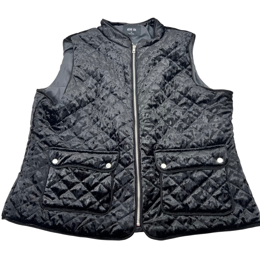 Active USA Black Quilted Velvet Puffer Vest Mock Neck Plus Size 3XL Zip Front